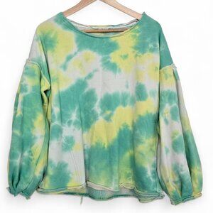 La Miel Tie Dye Terry Balloon Sleeve Sweater Women's Pullover Rolled Raw Hem S